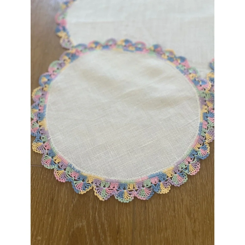Vintage Linen Doilies Set of 3 Pastel Rainbow Crochet Lace Trim Scalloped Edge